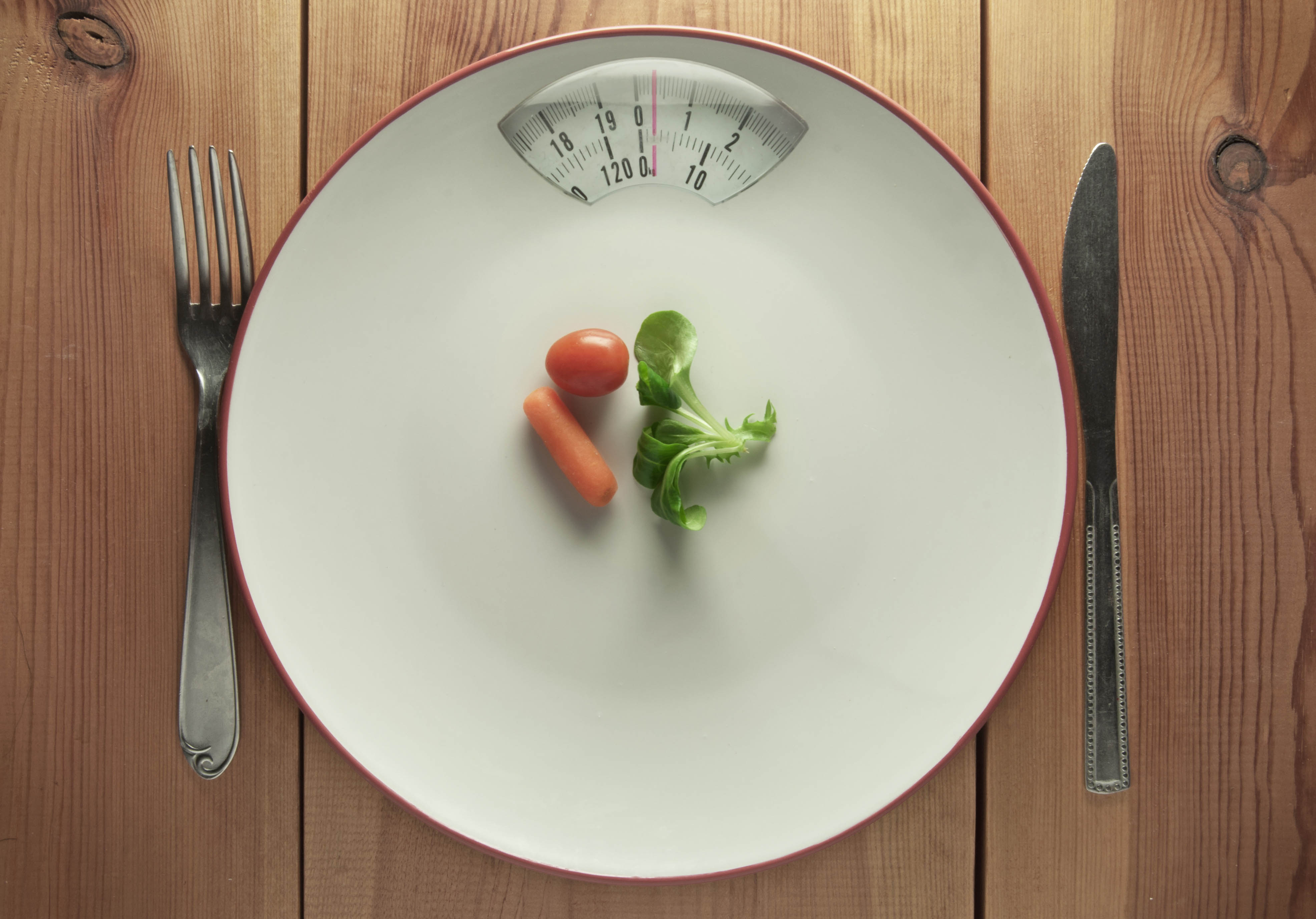 White plate that's actually a food scale with one tiny carrot and tomato on top, utensils around the plate